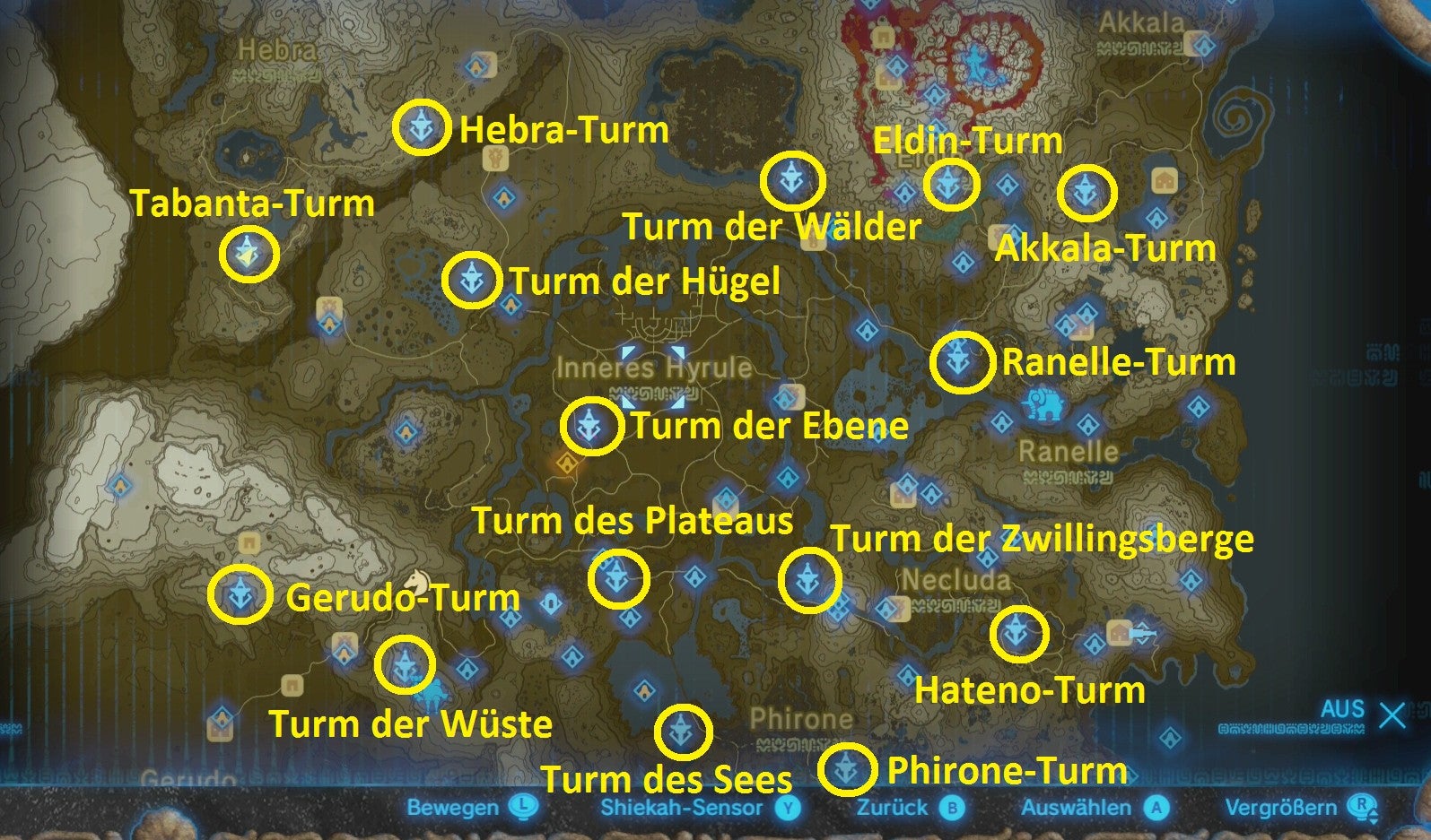 Zelda: Breath of the Wild - Standorte aller Türme, Komplette Karte